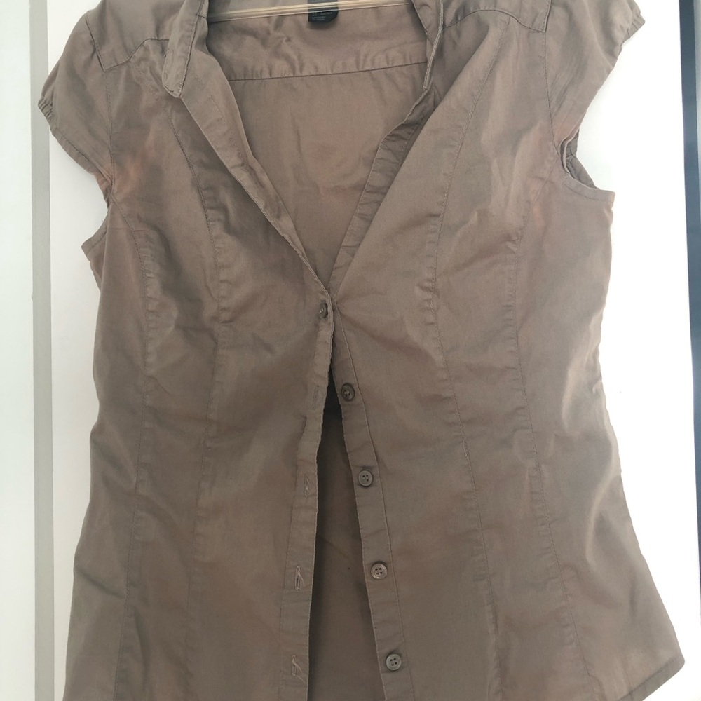 H&M Womens Taupe Button-Front Cap Sleeve Shirt